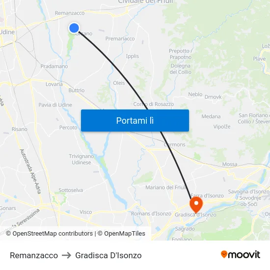 Remanzacco to Gradisca D'Isonzo map
