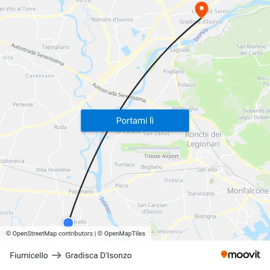 Fiumicello to Gradisca D'Isonzo map