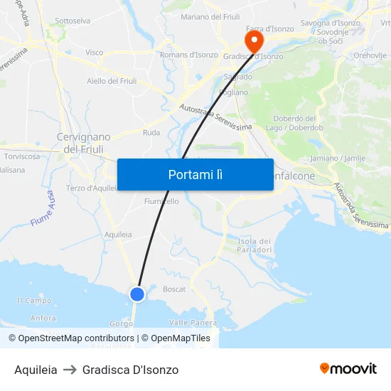Aquileia to Gradisca D'Isonzo map