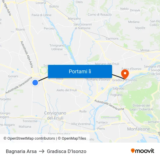 Bagnaria Arsa to Gradisca D'Isonzo map