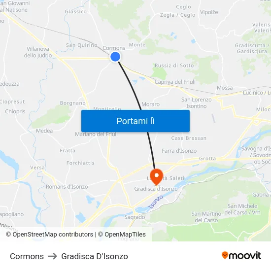 Cormons to Gradisca D'Isonzo map