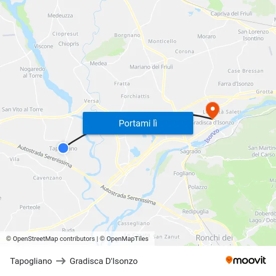 Tapogliano to Gradisca D'Isonzo map