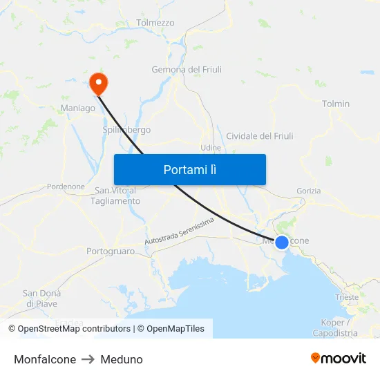 Monfalcone to Meduno map