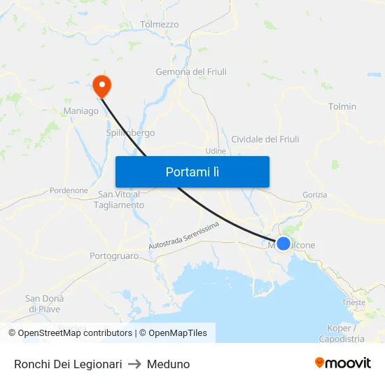 Ronchi Dei Legionari to Meduno map