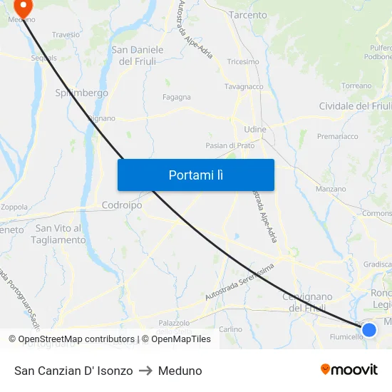 San Canzian D' Isonzo to Meduno map