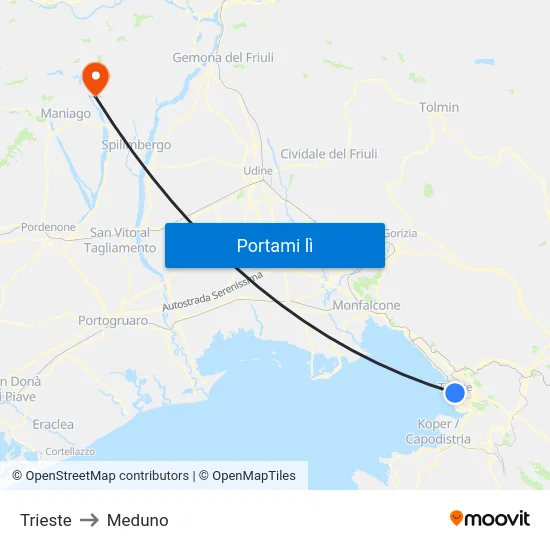 Trieste to Meduno map
