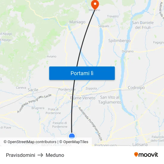 Pravisdomini to Meduno map