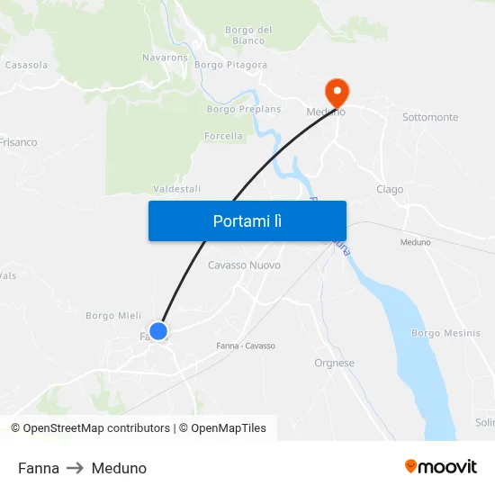Fanna to Meduno map