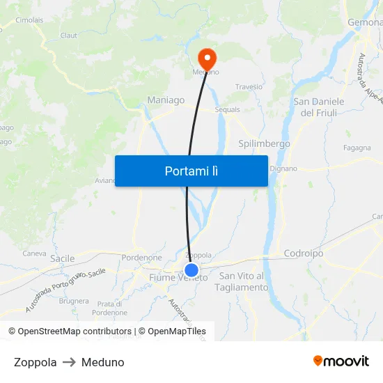 Zoppola to Meduno map