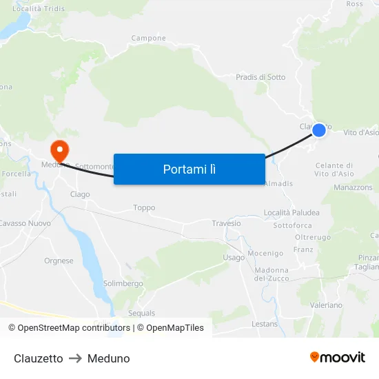 Clauzetto to Meduno map