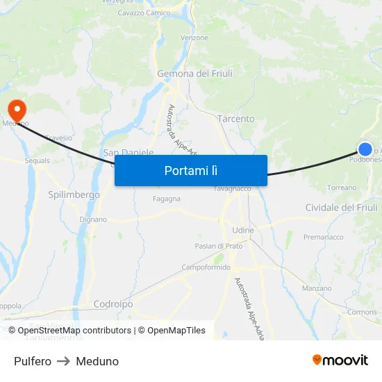 Pulfero to Meduno map