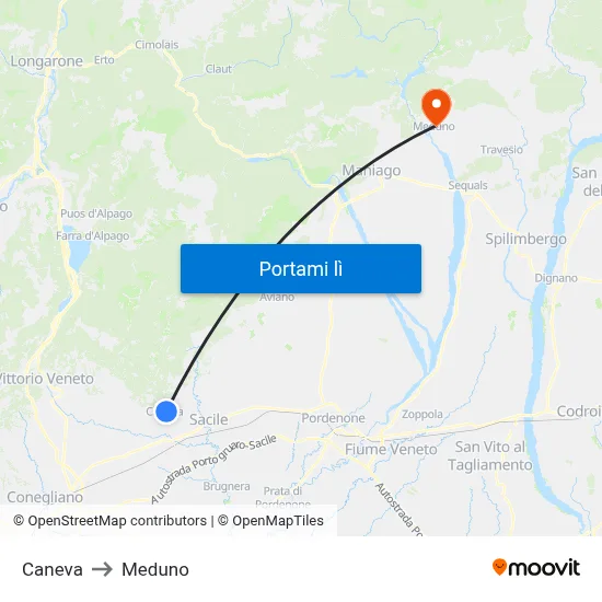 Caneva to Meduno map