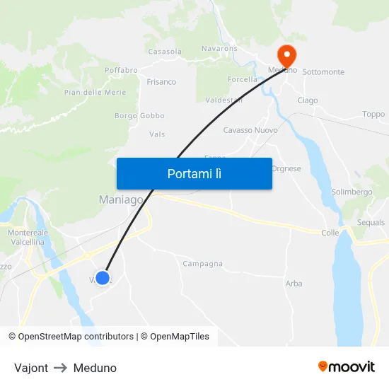 Vajont to Meduno map