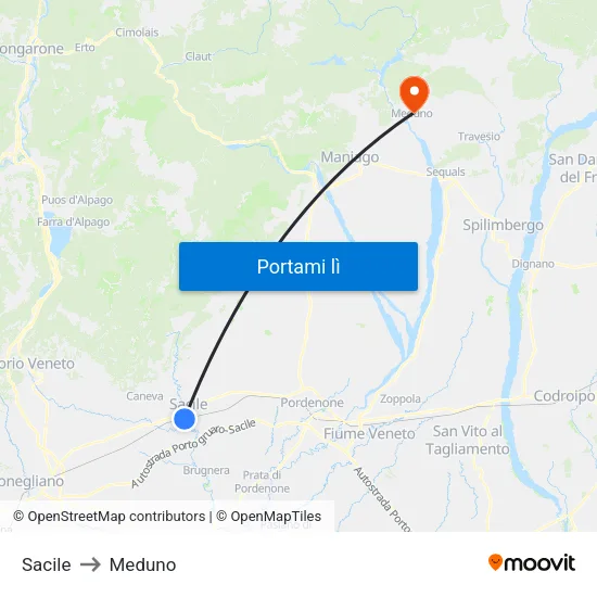 Sacile to Meduno map