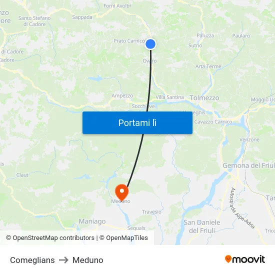 Comeglians to Meduno map