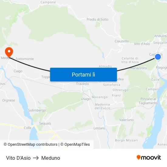 Vito D'Asio to Meduno map