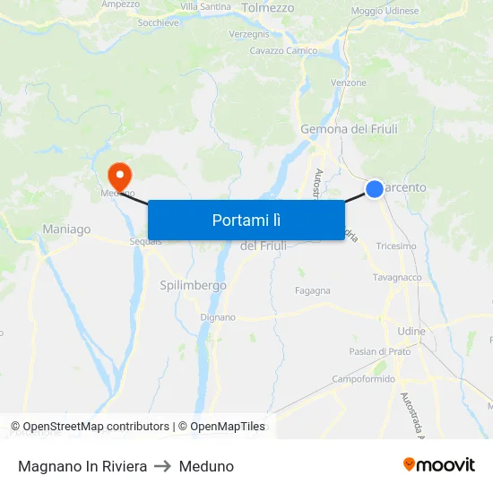 Magnano In Riviera to Meduno map