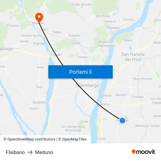 Flaibano to Meduno map