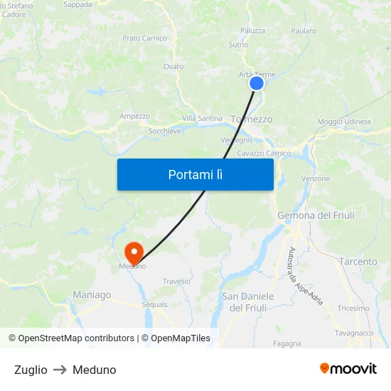 Zuglio to Meduno map