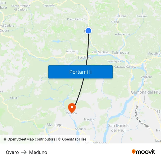 Ovaro to Meduno map