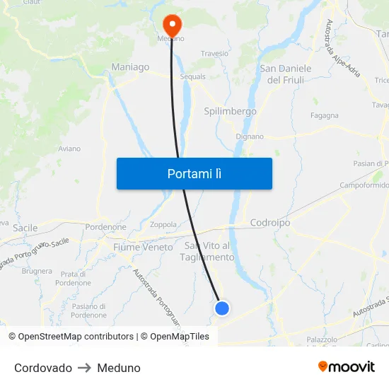 Cordovado to Meduno map