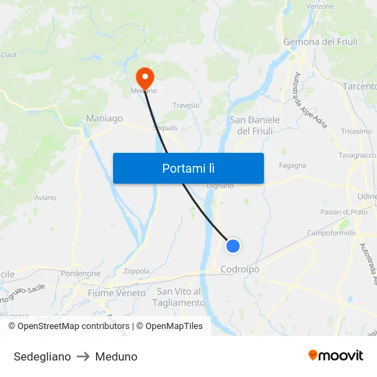 Sedegliano to Meduno map