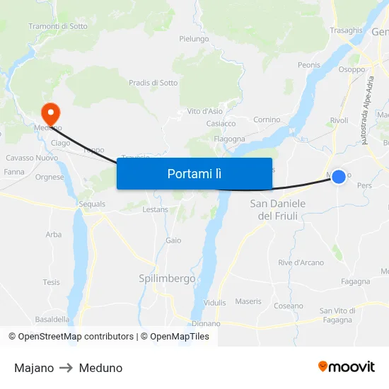 Majano to Meduno map