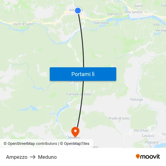 Ampezzo to Meduno map