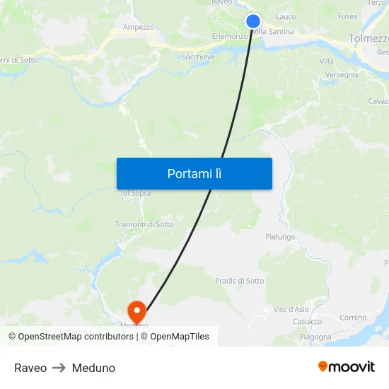 Raveo to Meduno map