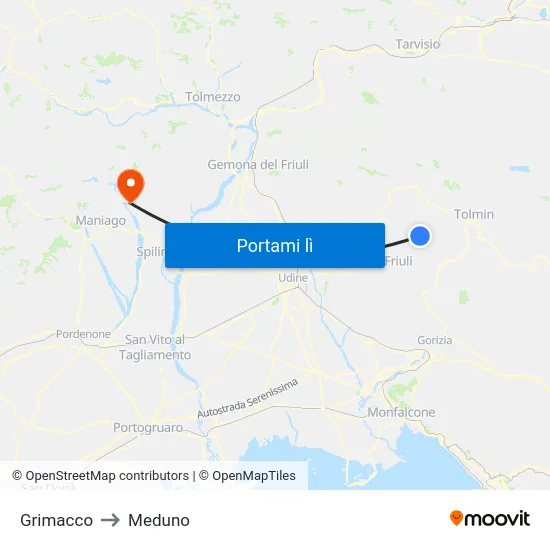 Grimacco to Meduno map