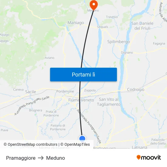 Pramaggiore to Meduno map