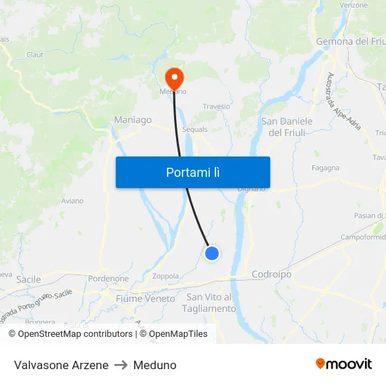 Valvasone Arzene to Meduno map