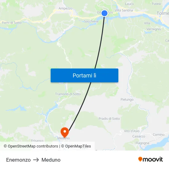 Enemonzo to Meduno map