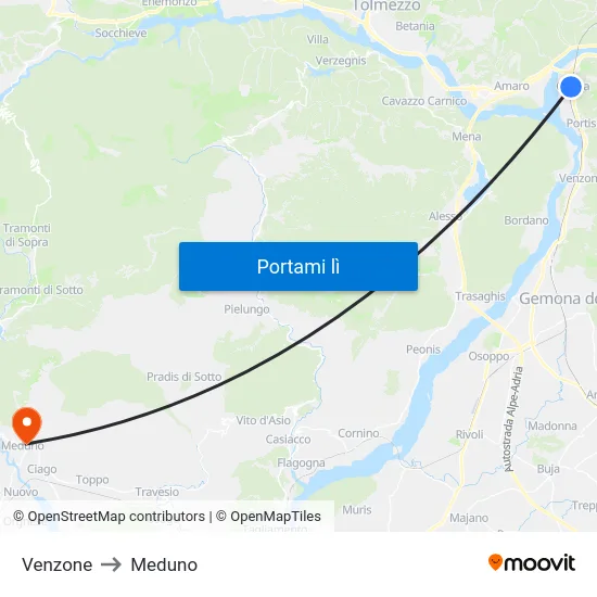 Venzone to Meduno map