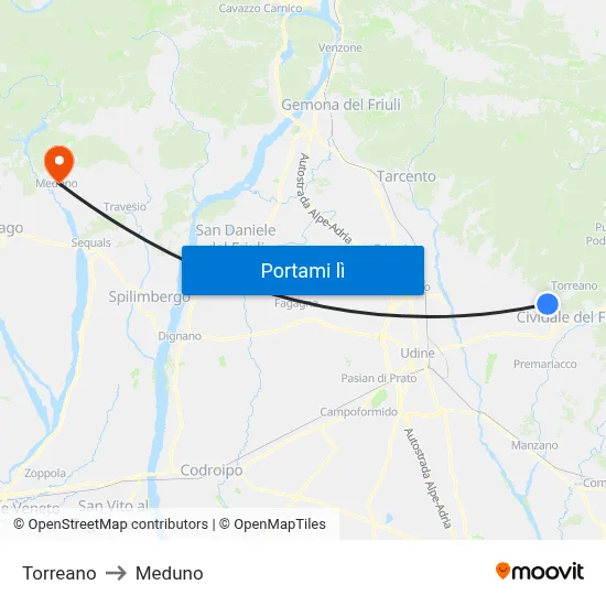 Torreano to Meduno map
