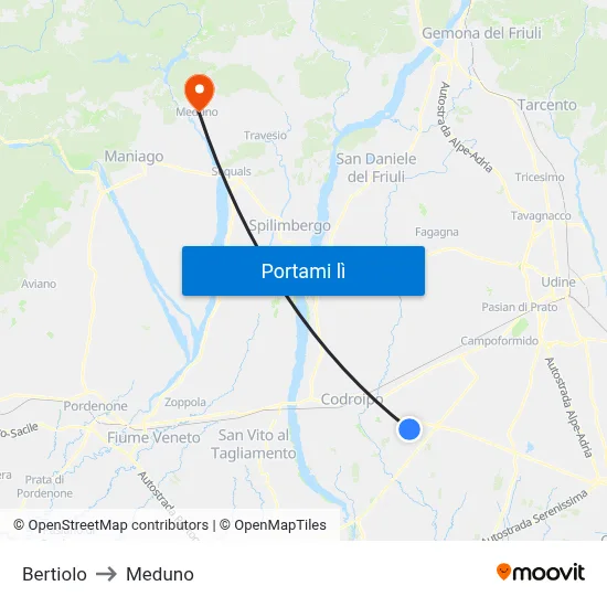 Bertiolo to Meduno map