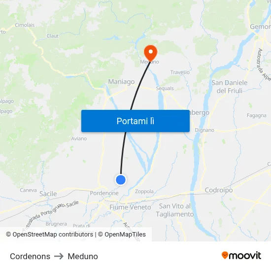Cordenons to Meduno map