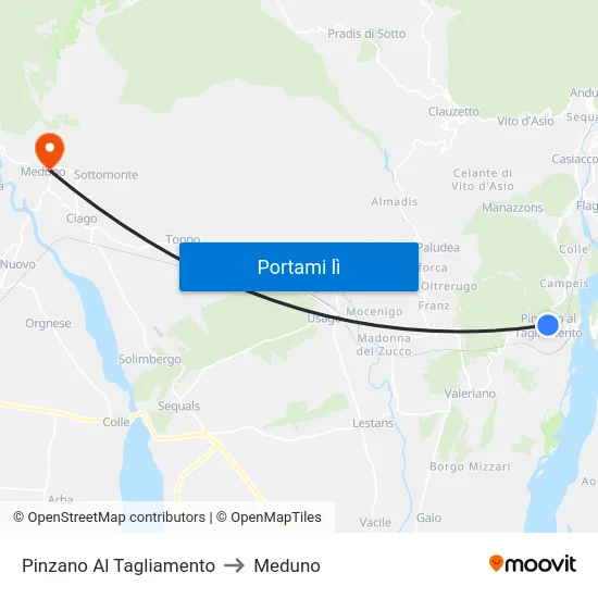 Pinzano Al Tagliamento to Meduno map