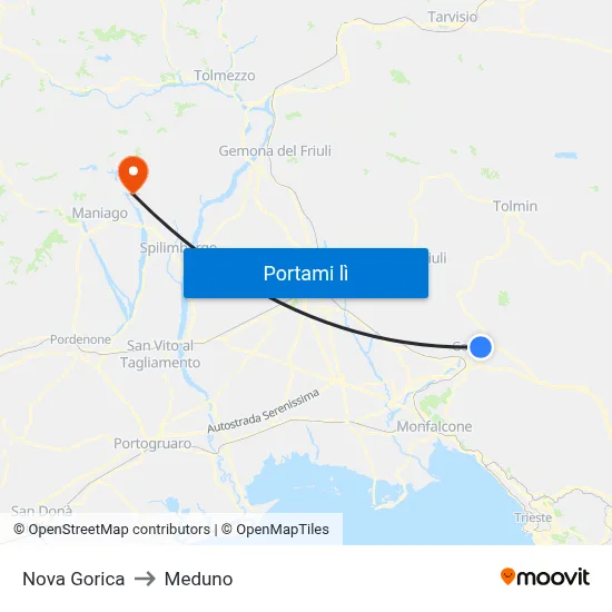 Nova Gorica to Meduno map