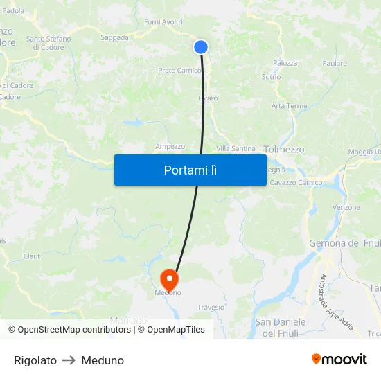 Rigolato to Meduno map