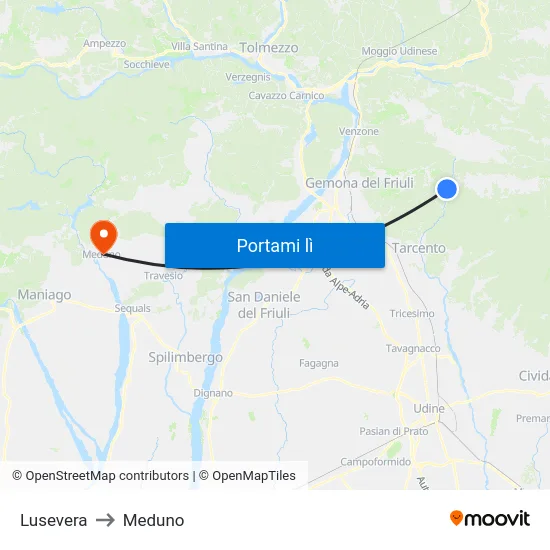 Lusevera to Meduno map