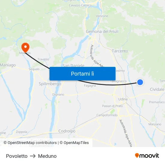 Povoletto to Meduno map