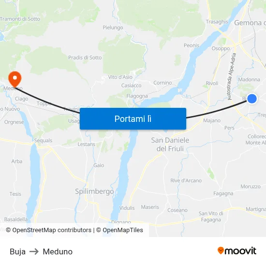 Buja to Meduno map