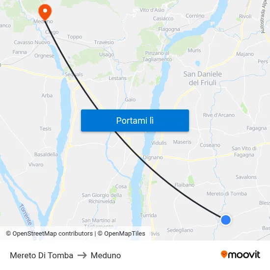 Mereto Di Tomba to Meduno map