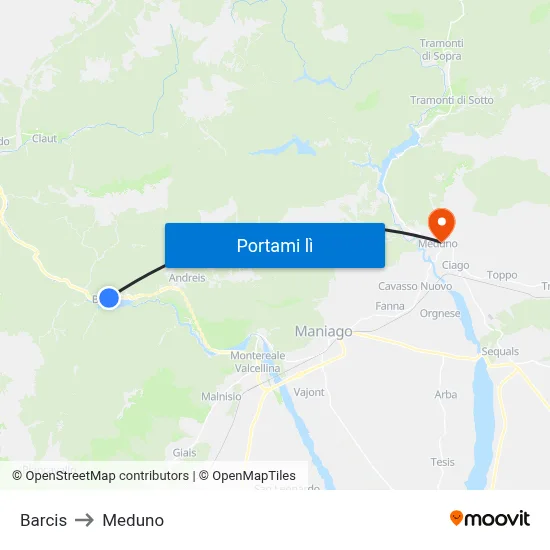 Barcis to Meduno map