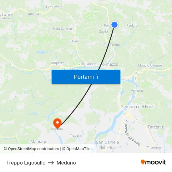 Treppo Ligosullo to Meduno map