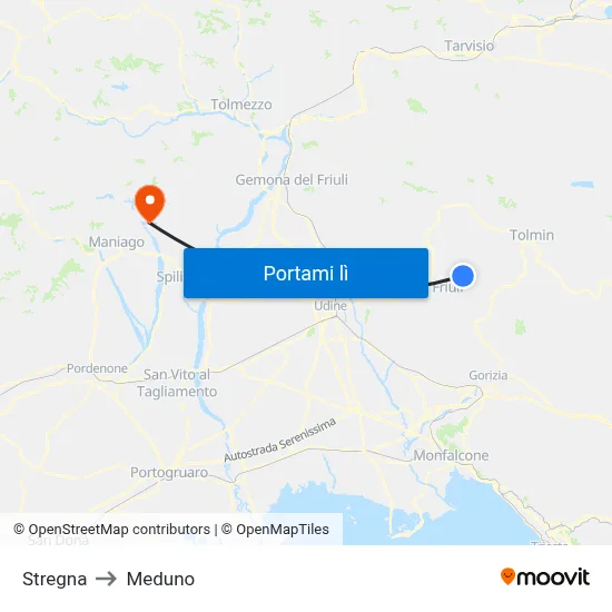 Stregna to Meduno map