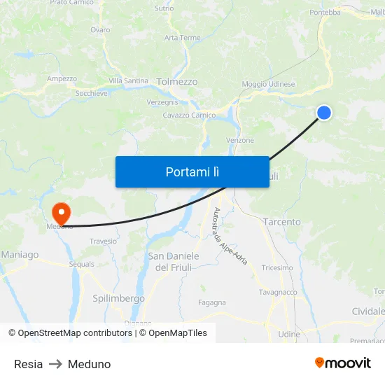 Resia to Meduno map