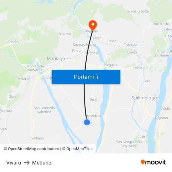 Vivaro to Meduno map
