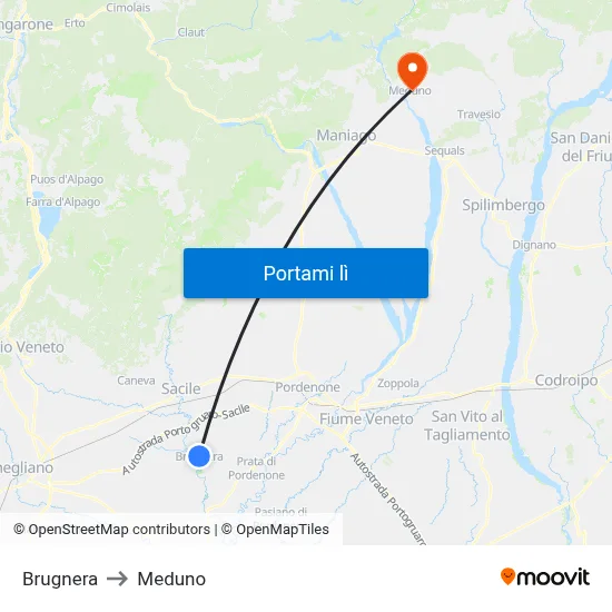 Brugnera to Meduno map